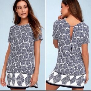 Women’s Blue Printed Midi Dress - Casual Short Sleeve